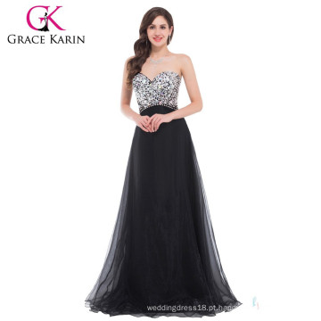 Grace Karin 2016 Fashion Andar Comprimento Sexy Black Strapless Beaded Long baratos Prom Dresses Rhinestone CL3107-1